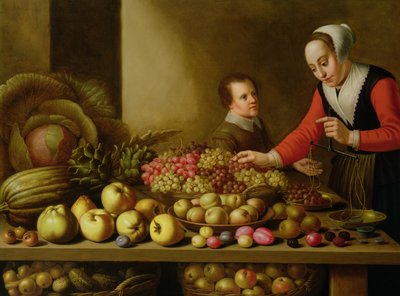 Niña vendiendo uvas de una gran mesa cargada de frutas y verduras de Floris Gerritsz van Schooten
